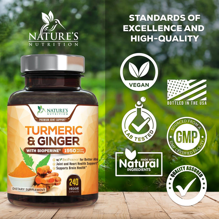 Turmeric Curcumin Supplement 1950mg - 95% Curcuminoids with Organic Turmeric & Ginger, BioPerine Black Pepper for Best Absorption, Nature's Vegan Joint Support, Non-GMO, Bottled in USA - 240 Capsules