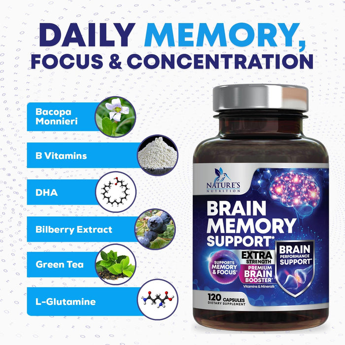 Brain Memory Supplement Pills - Nootropics Support for Concentration, Clarity, Alertness & Focus - Brain Health with Bacopa, Cognitive Vitamins, Phosphatidylserine, DMAE - Brain Booster - 120 Capsules
