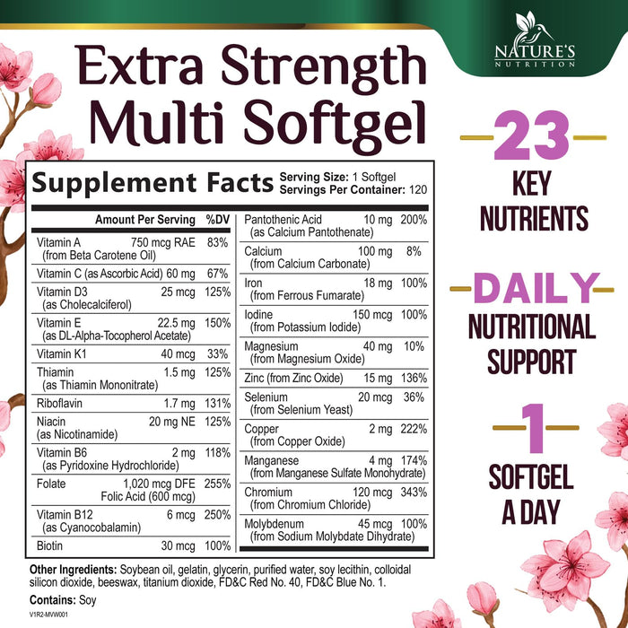 Multivitamin for Women with Iron, Calcium, Zinc, Vitamin A, C, D, E, & B Vitamins for Bone, Skin & Immune Health Support, Nature's Daily Womens Multivitamins for Women's Energy & Health, 120 Softgels