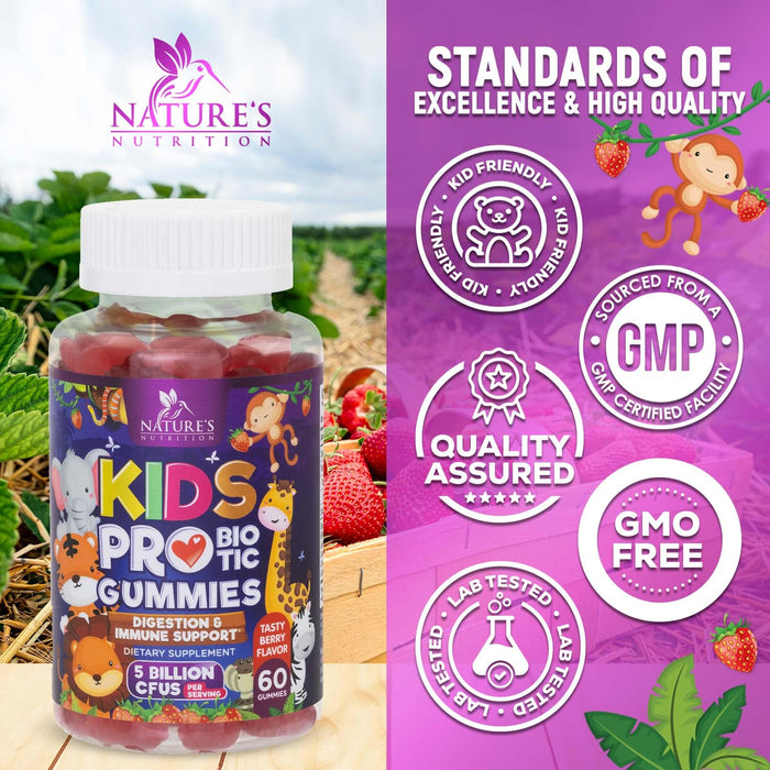 Probiotics for Kids Digestive Health - 5 Billion CFU - Natural Immune Support Supplement - Daily Children's Probiotic Gummy for Ages 4+ Vegan, Gluten, Soy & Dairy Free - Berry Flavored - 60 Gummies