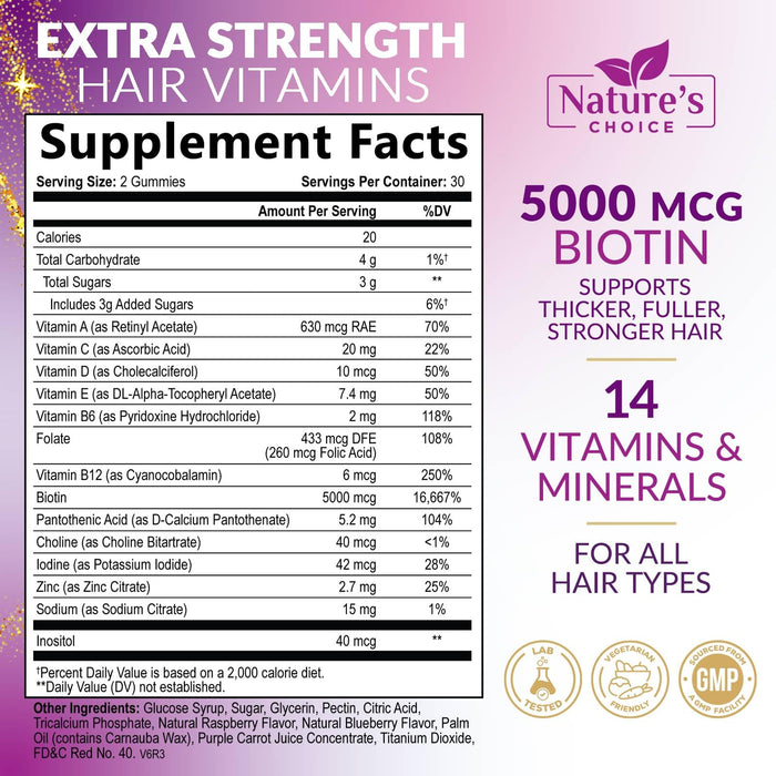 Hair Vitamins Gummies with Biotin 5000 mcg Vitamin E & C Support Hair Growth Gummy, Premium Vegetarian Non-GMO, for Stronger, Beautiful Hair, Skin & Nails, Biotin Gummies Supplement - 60 Gummy Bears