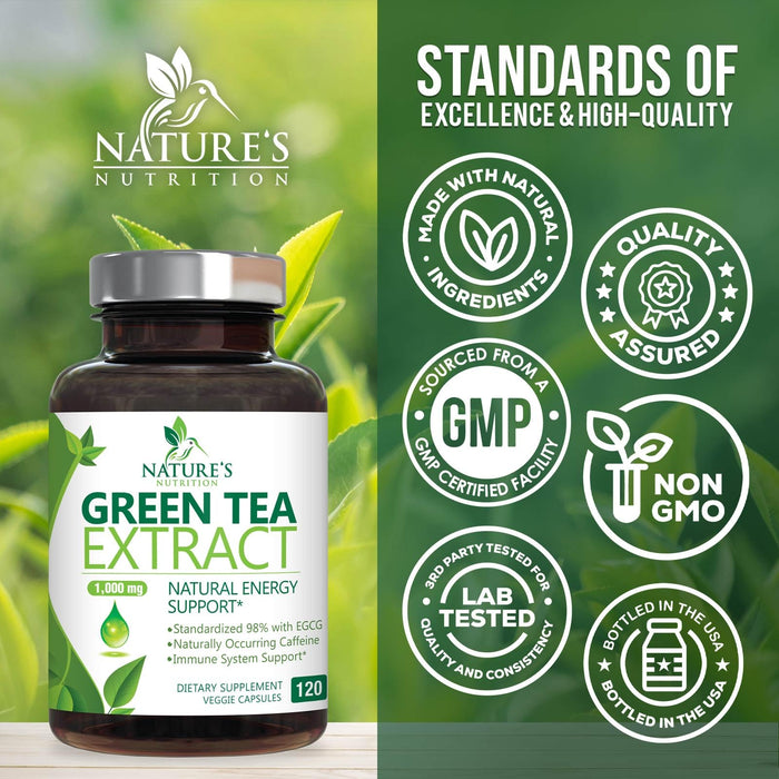 Green Tea Extract Capsules 1000mg 98% Standardized EGCG - 3X Strength for Natural Energy - Heart Support with Polyphenols - Gentle Caffeine - 120 Capsules