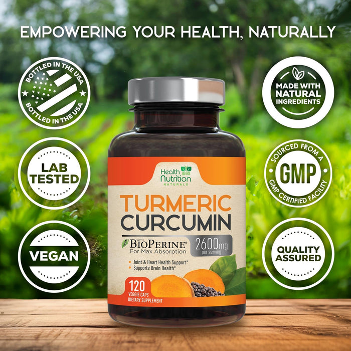 Turmeric Curcumin Supplement 2600mg - 95% Curcuminoids with Organic Turmeric & BioPerine Black Pepper for Best Absorption, Nature's Vegan Joint Support, Non-GMO Tumeric, Bottled in USA - 120 Capsules