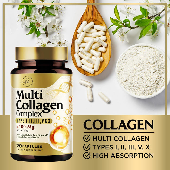 Multi Collagen Peptides for Women – 2400mg Best Hydrolyzed Collagen Complex with 5 Types (I, II, III, V, X) - Grass Fed - Hair, Skin, Nail, Bone & Joint Support for Beauty & Wellness – 120 Capsules