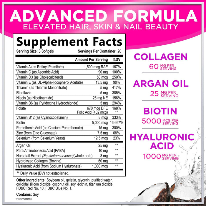 Hair, Skin & Nails Vitamins for Women - Biotin 5000mcg to Support Hair Growth with Argan Oil, Collagen & Hyaluronic Acid, Beautiful, Stronger Skin, Hair & Nails Vitamin Supplement - 60 Softgels