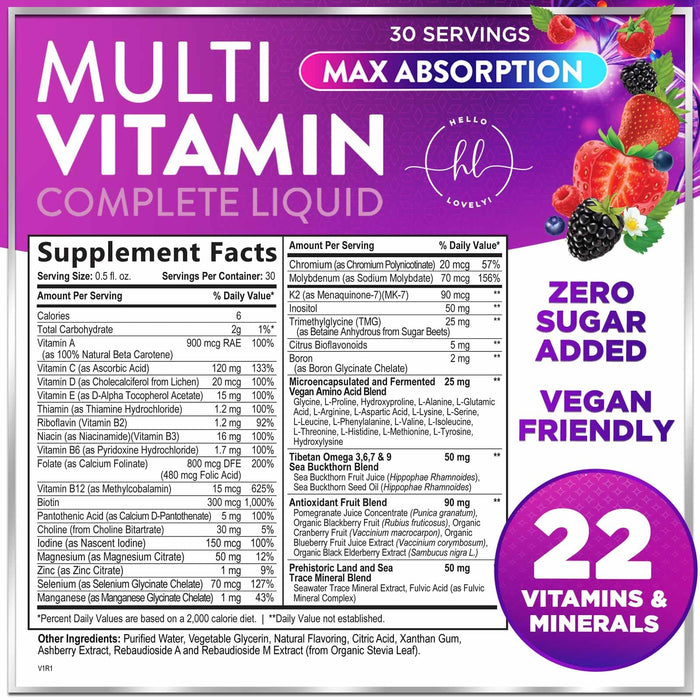 Multivitamin for Women, Men & Kids - Sugar Free & Vegan, Multi Vitamin Liquid & Multimineral, Vitamins A, C, D3, E, B6, B12 & Zinc, Women's Multivitamin & Immune Support, Berry Flavor - 15 Fl Oz