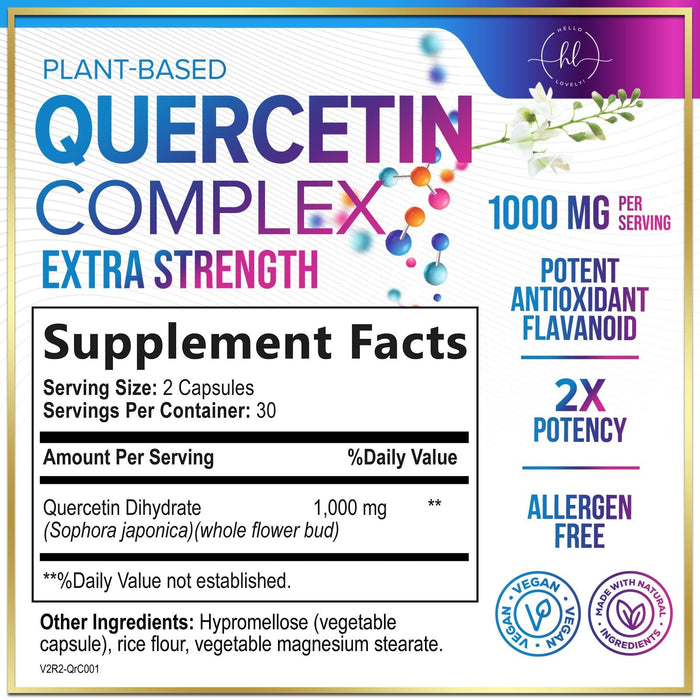 Quercetin 1000mg Servings - Extra Strength Antioxidant Support for Immune & Cellular Health, Quercetin 500mg Capsules for Lung, Respiratory & Heart Support, Vegan, Gluten Free & Non-GMO - 60 Capsules