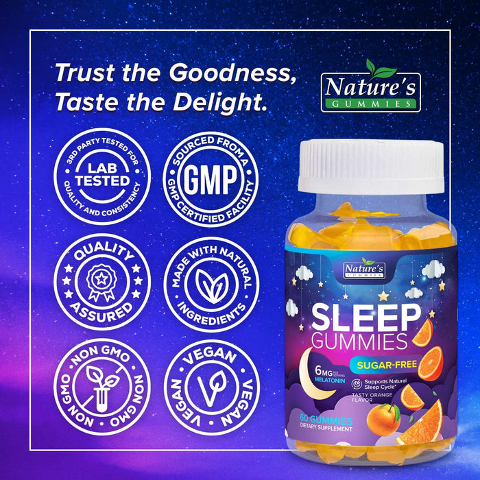 Sleep Gummies 6mg - Melatonin Gummy for Adults, Sugar Free, Natural Sleeping Gummy for Adults, Kids, Orange Flavored, Vegan, Non-GMO, Extra Strength Sleep Vitamin Support Supplement - 60 Gummies