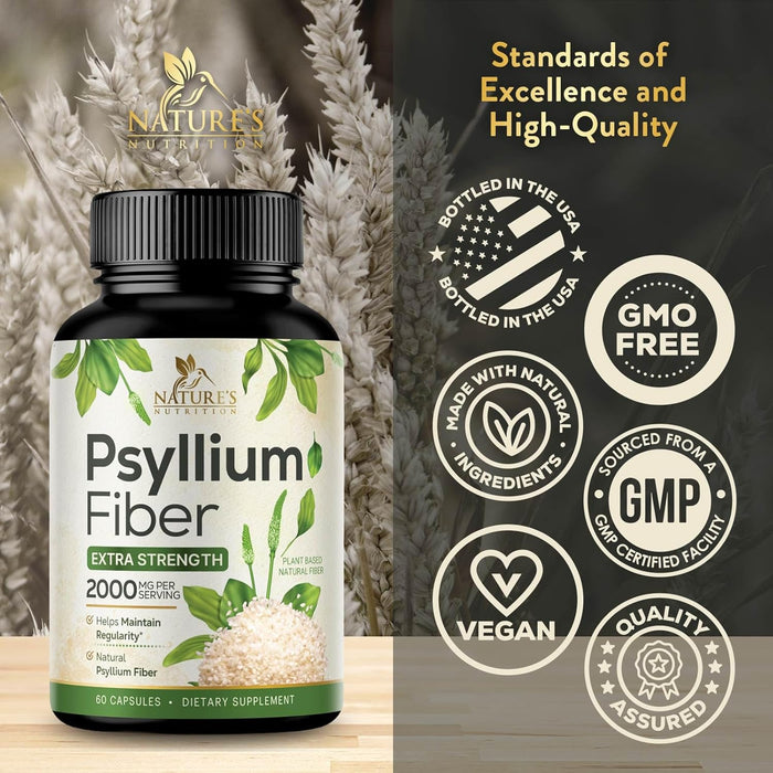 Psyllium Husk Fiber Supplement 1500mg, Natural Daily Soluble & Insoluble Fiber Pills, Psyllium Husk Powder Capsules Supports Digestion Colon Health & Regularity, Plant Based Supplement - 60 Capsules