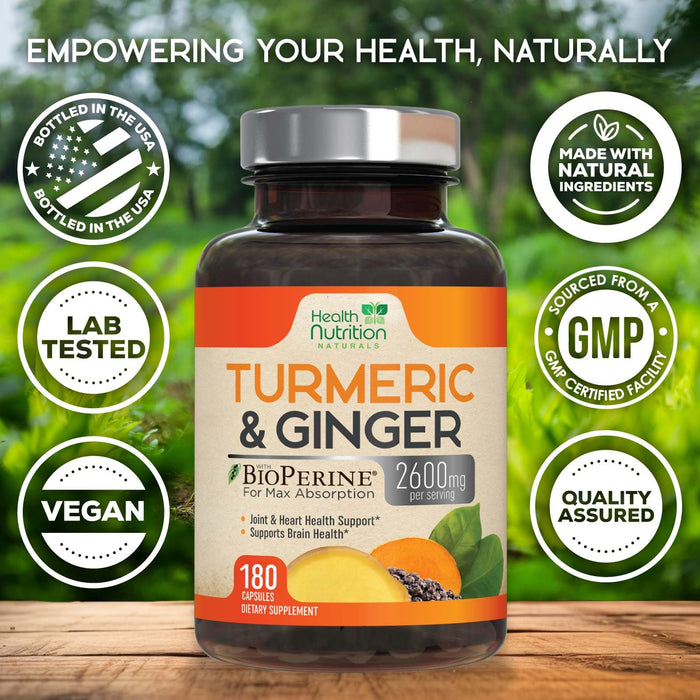Turmeric Curcumin Supplement 2600mg - with Organic Ginger & Turmeric, 95% Curcuminoids, BioPerine Black Pepper for Best Absorption, Nature's Vegan Joint Support, Non-GMO, Bottled in USA - 180 Capsules