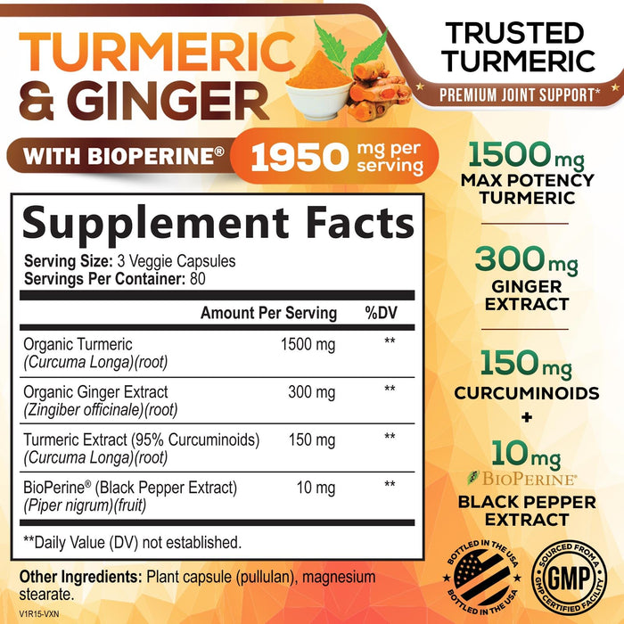 Turmeric Curcumin Supplement 1950mg - 95% Curcuminoids with Organic Turmeric & Ginger, BioPerine Black Pepper for Best Absorption, Nature's Vegan Joint Support, Non-GMO, Bottled in USA - 240 Capsules