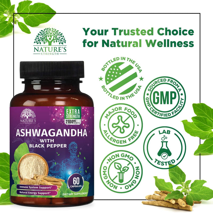 Ashwagandha 2100mg - Extra Strength with Black Pepper for Max Absorption, Ashwagandha Powder and Root Supplements for Women & Men, Antioxidant Support, Vegan, Non-GMO & Gluten Free - 60 Capsules