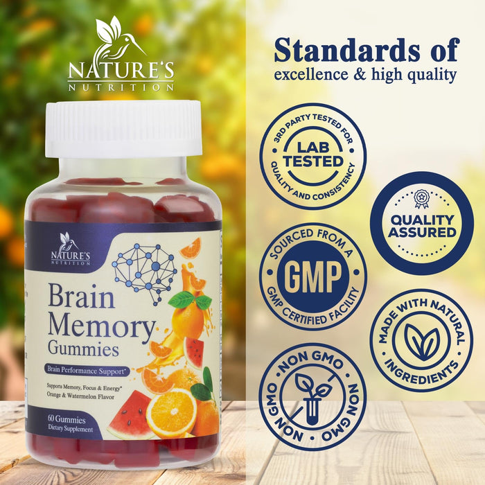 Brain Supplements Gummies for Memory, Focus, Concentration - Brain Gummy Vitamin Plus Nootropics, Phosphatidylserine, B6 & B12, Caffeine Free Nootropic, Clarity Support Supplement - 60 Gummies