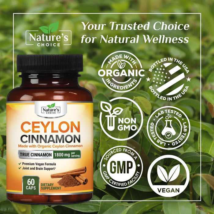 Ceylon Cinnamon Capsules 1800mg - Certified Organic Cinnamon, Bottled in USA, & Pure Extra Strength Ceylon Cinnamon Supplement, Antioxidant Pills, Non-GMO & Gluten Free, Sugar Free - 60 Capsules