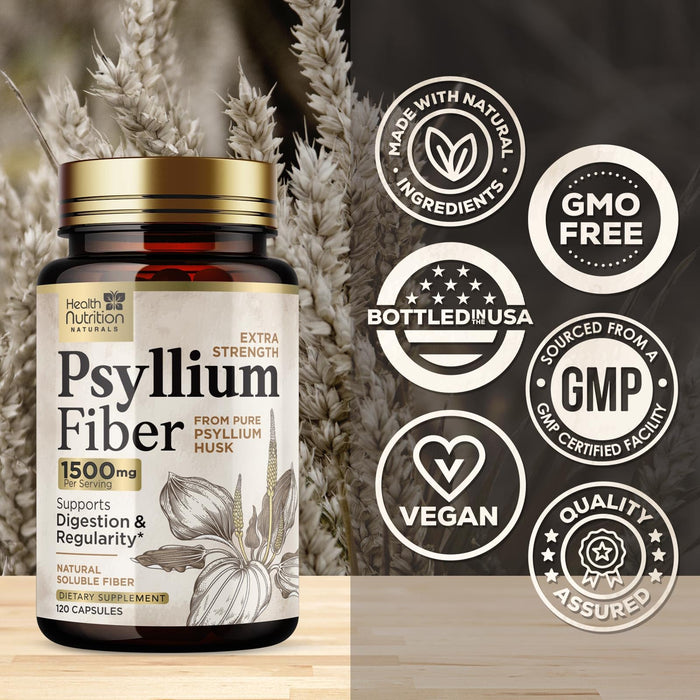 Psyllium Husk Fiber Caps 1500mg Supplement - Psyllium Husk Capsules Daily Support Digestive Health & Regularity, Nature's Plant Based Husks Natural Soluble Fiber Pills, Vegan, Non-GMO - 120 Capsules