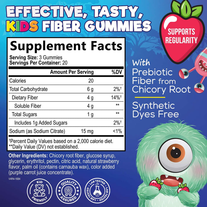 Fiber Gummies for Kids, Daily 4g Gummy Fiber Supplement, Prebiotic Digestive Health Support - Nature's Plant Based Soluble Fiber, Supports Regularity & Digestion for Kids Non-GMO - 60 Gummies