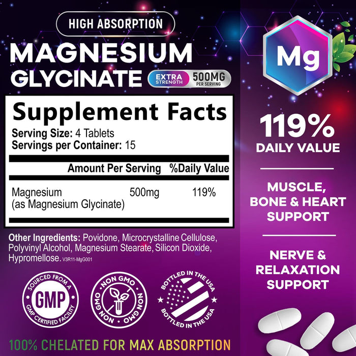 Magnesium Glycinate 500mg - Chelated for Ultra Absorption - Supports Bone, Muscle, Nerves & Heart Health, Nature's Sleep Support, Best Magnesium Supplement Pills for Whole Body Support - 60 Tablets