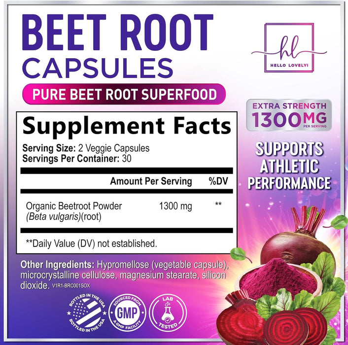 Organic Beet Root Capsules 1300mg - Extra Strength Beetroot Powder Supplement - Supports Blood Pressure, Athletic Performance & Immune System, Non-GMO, Gluten Free - Bottled in the USA - 60 Capsules