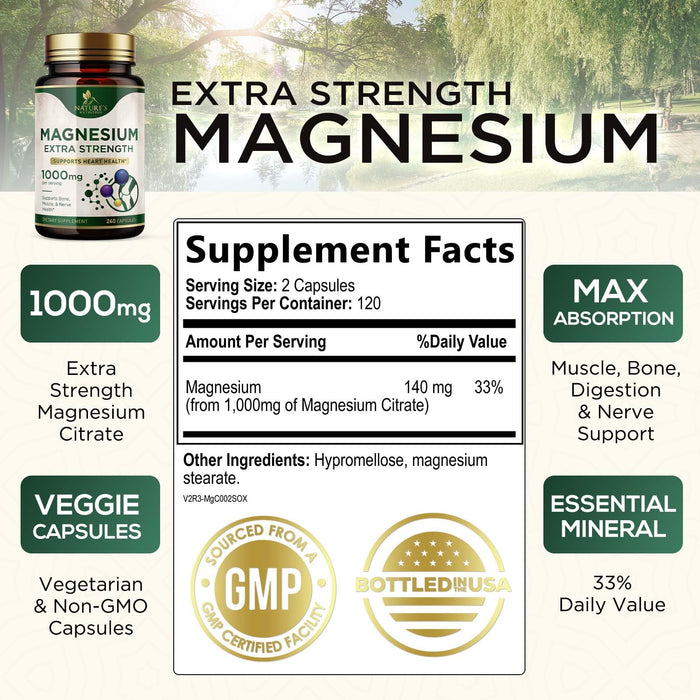 Magnesium Supplement (Citrate Oxide) 1000mg for Best Absorption, Supports Bone, Heart Health, Nerves, Muscles & Metabolism, Nature's Pure Magnesio Vitamin Pills, Bottled in USA, 240 Capsules