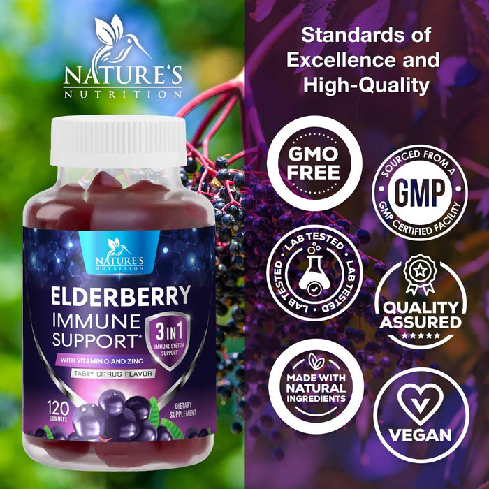 Sambucus Elderberry Immune Support Gummies for Kids & Adults, Elderberry Extract Gummy with Vitamins with Vitamin C, D3, Zinc, Immune Health Support Gummy Supplement, Black Elder Berry - 120 Gummies