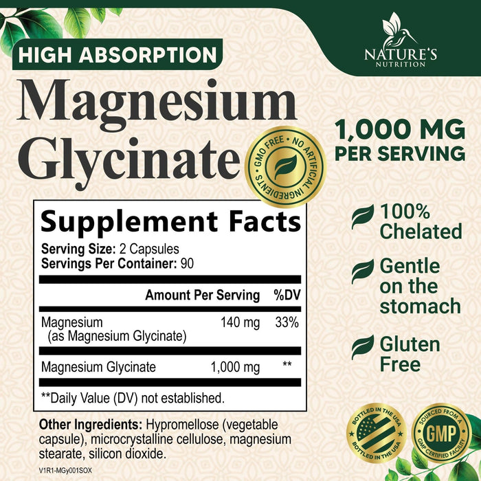 Magnesium Glycinate 1000mg Per Serving – 180 Capsules