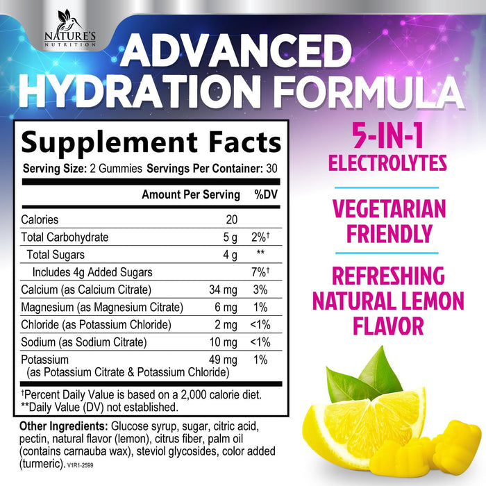 Hydration Electrolyte Gummies - Daily Liquid Replenisher Gummy - Electrolyte Multiplier with Minerals, Potassium & Real Salt - Vegan, Non-GMO - Tasty Lemon Flavor Hydration Electrolytes - 60 Gummies