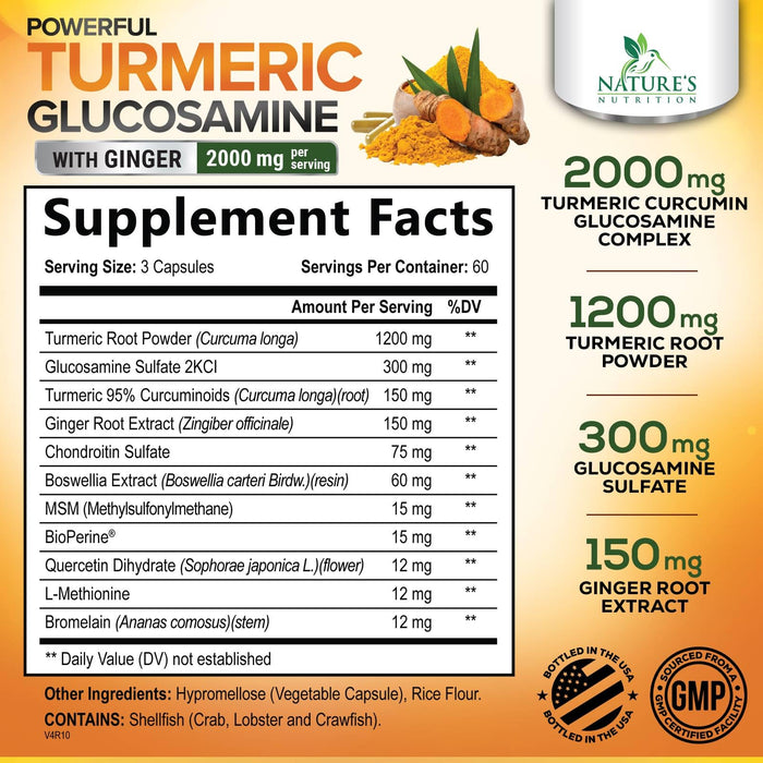 Turmeric Curcumin Supplement 2000mg with Glucosamine Chondroitin & Ginger, 95% Curcuminoids, BioPerine Black Pepper for Best Absorption, Nature's Joint Support, Non-GMO, Bottled in USA - 180 Capsules