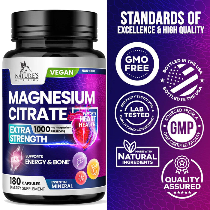 Magnesium Citrate Supplement 1000 mg for Best Absorption, Supports Bone, Heart Health, Nerves, Muscles, Metabolism & Calm, Nature's Pure Magnesio Vitamin Pills, Bottled in USA - 180 Capsules