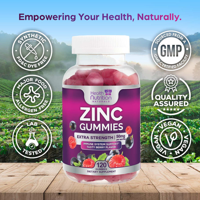 Zinc Supplement 50mg Gummies for Adults - Max Strength Skin Health & Immune Support Gummy, Vegan, Non-GMO & Gluten Free, Nature’s Antioxidant & Bone Health Chewable Tasty Berry Flavor - 120 Gummies