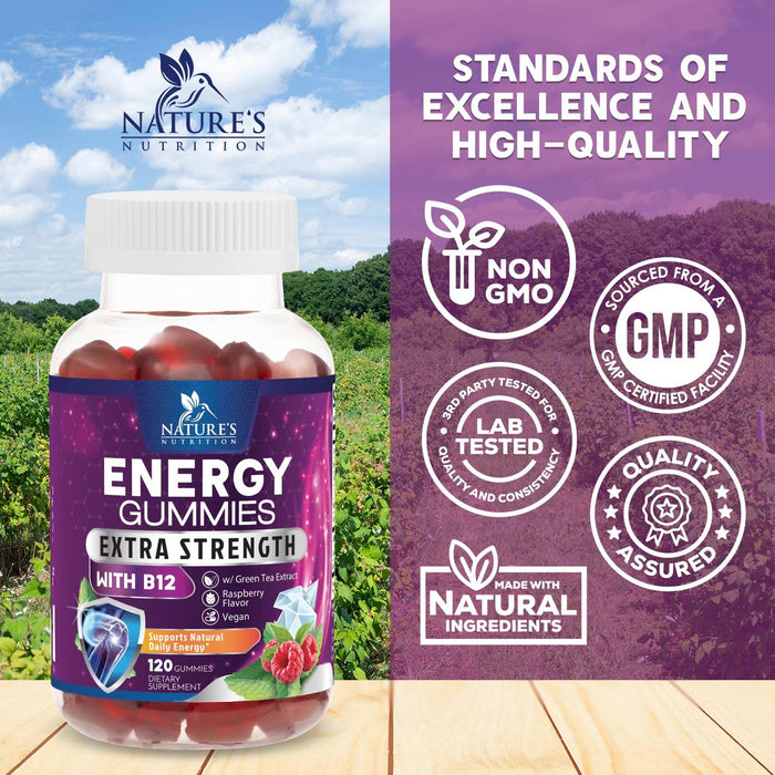 Energy Gummies 1000 mcg Vitamin B12, Green Tea Natural Caffeine Support, Daily Energy Gummies Vitamins, Delicious Berry Flavor B12 Chewable Exercise Supplement for Running Cycling & Sports - 120 Chews