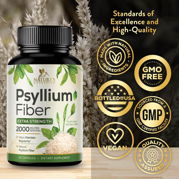 Psyllium Husk Fiber Supplement 1500mg, Natural Daily Soluble & Insoluble Fiber Pills, Psyllium Husk Powder Capsules Supports Digestion Colon Health & Regularity, Plant Based Supplement - 60 Capsules