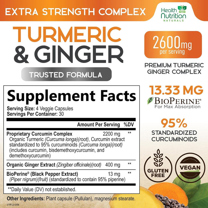Turmeric Curcumin Supplement 2600mg - with Organic Ginger & Turmeric, 95% Curcuminoids, BioPerine Black Pepper for Best Absorption, Nature's Vegan Joint Support, Non-GMO, Bottled in USA - 120 Capsules