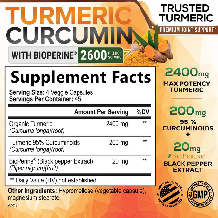 Turmeric Curcumin Supplement with BioPerine 95% Curcuminoids 2600mg with Black Pepper for Best Absorption, Bottled in USA, Best Natural Vegan Joint Support, Nature's Non-GMO Tumeric - 180 Capsules