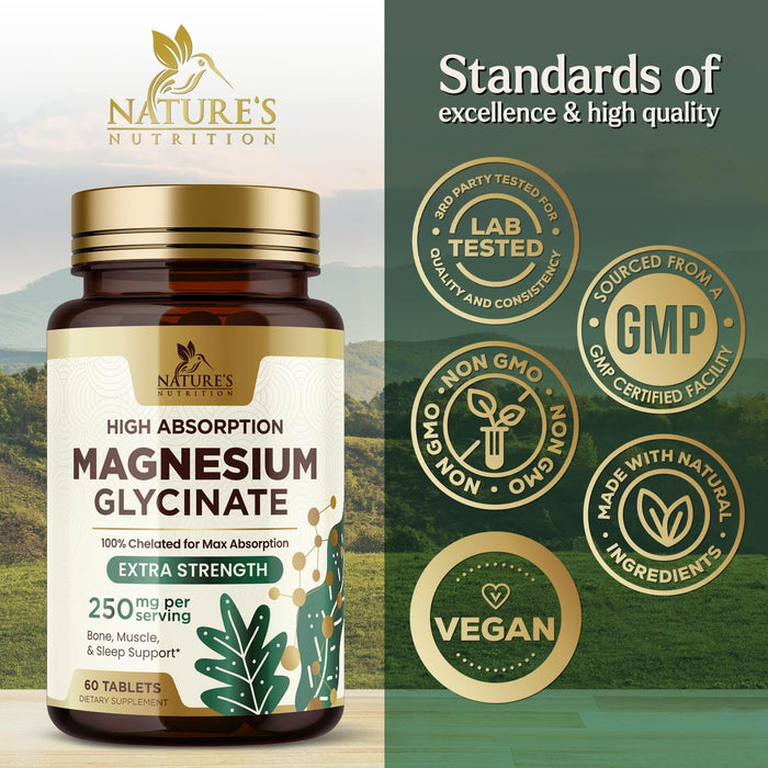 Magnesium (Glycinate) - Magnesium Supplement for Heart Health, Nerve, Muscle, Bone, and Sleep Support - 100% Chelated & High Absorption - 250 mg per Serving - Gluten Free, Vegan, Non-GMO - 60 Count