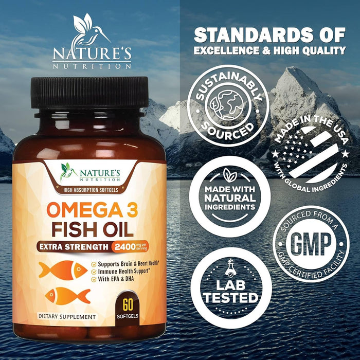 Omega 3 Fish Oil 2400 mg - Triple Strength EPA & DHA Fatty Acids for Heart, Brain & Joint Support Wild-Caught, Burpless, Lemon Flavor Supplement Natural, Non-GMO, Gluten-Free - 60 Softgels