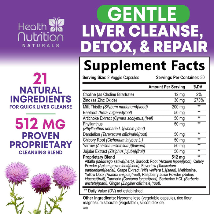 Gentle Liver Cleanse Detox & Repair Formula - Herbal Liver Support Supplement: Milk Thistle with Silymarin, Artichoke Extract, Dandelion, Beet, Chicory Root, & Turmeric for Liver Health - 60 Capsules