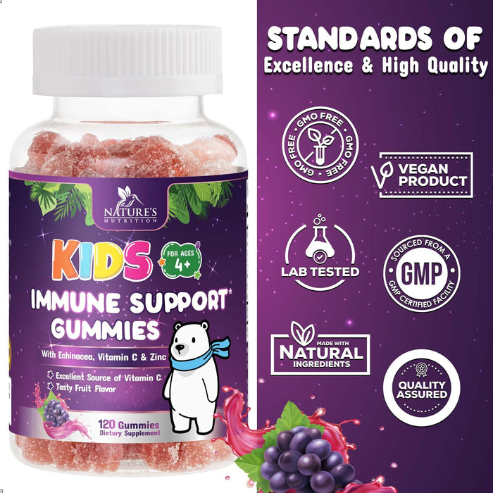 Kids Immune Support Gummies - Vitamin C, Zinc & Echinacea, Children's Daily Immune Health Support Gummy for Ages 4 and Up, Nature's Vitamins for Kids, Vegan & Non-GMO, Berry Flavor - 120 Gummies