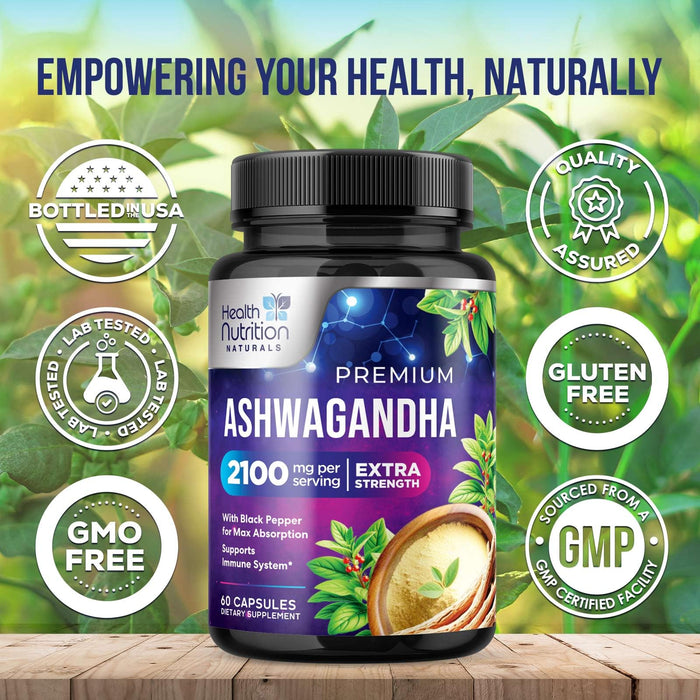 Ashwagandha Supplement 2100mg - Extra Strength Herbal Root Extract, Best Ashwagandha Supplements for Men & Women, Restore, Unwind, Calm Support Formula, Vegetarian, Non-GMO, Gluten-Free, 60 Capsules