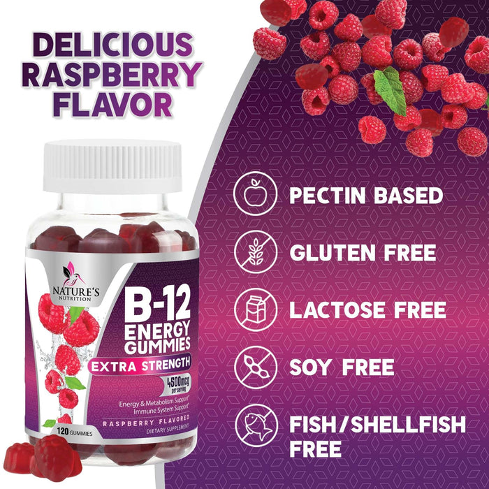 B-12 Vitamin Energy Gummies - 4500mcg Extra Strength B12 Gummy Chewables for Energy Metabolism & Immune Support - Dietary Supplement for Women, Men, & Kids - Non-GMO, Vegan, Berry Flavor - 120 Count