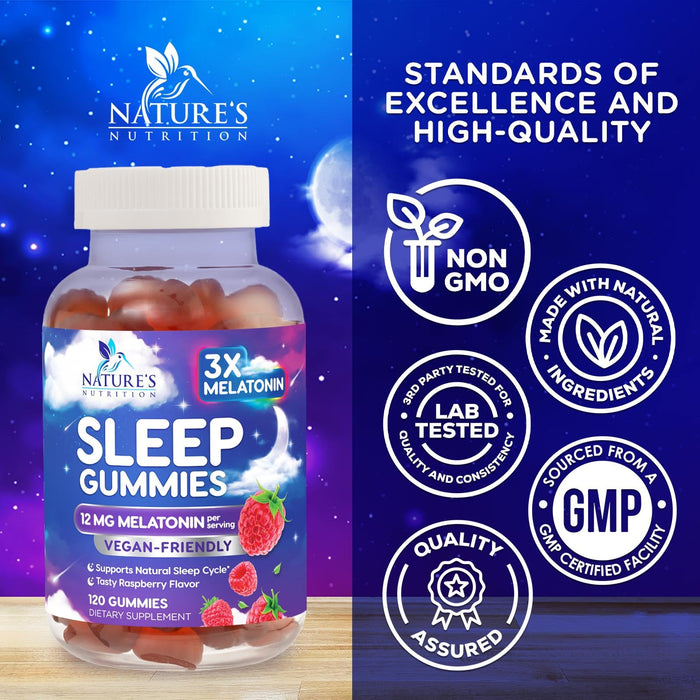 Sleep Gummies with Melatonin - Extra Strength Sleep Gummy, 12 mg Melatonin, Natural Melatonin Gummy, Occasional Sleep Support Supplement for Adults, Vegan, Non-GMO, Gomitas para Dormir - 120 Gummies