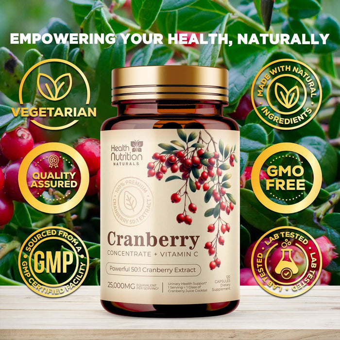 Cranberry Supplement Pills 25,000mg - High Potency Vitamin C Cranberry for Women & Men, Urinary Tract Health Support, Sugar Free, Gluten Free, Non-GMO, Cranberry Concentrate Extract - 120 Capsules