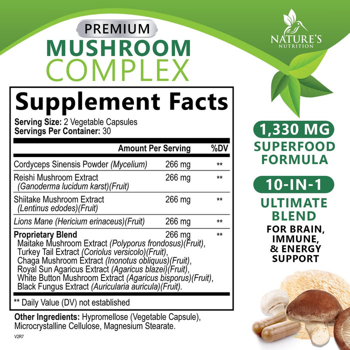 Mushroom Supplement Nootropic 1330mg - 10 in 1 High Strength Brain Supplements Mushroom Complex with Lions Mane, Turkey Tail, Reishi, Cordyceps & Chaga for Memory, Brain & Focus Support - 60 Capsules