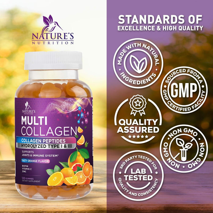 Collagen Gummies for Women with Vitamin C, Zinc & Biotin - Hydrolyzed Protein Type 1 & 3 Multi Collagen Peptides Supplement - Support for Hair, Skin, Nails & Joints, Gluten Free Complex - 120 Gummies