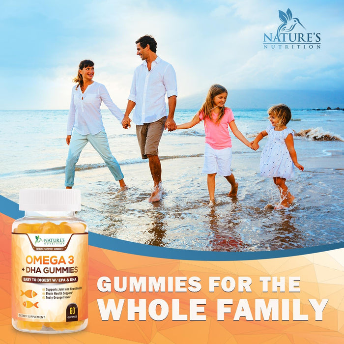 Omega 3 Fish Oil Gummies, Heart Healthy Omega 3 Gummy Supplement with High Absorption DHA & EPA, Extra Strength Joint & Brain Support, Delicious Orange Flavor Fish Oil Nature's Vitamin - 60 Gummies