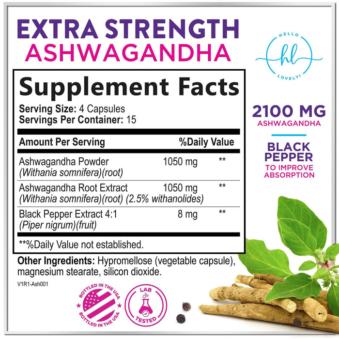 Ashwagandha 2,100 mg - Ashwagandha Supplements for Women in Veggie Capsules with Powder & Root Extract, Black Pepper for High Absorption, Plant Based, Non-GMO, Bottled in the USA - 120 Veggie Capsules