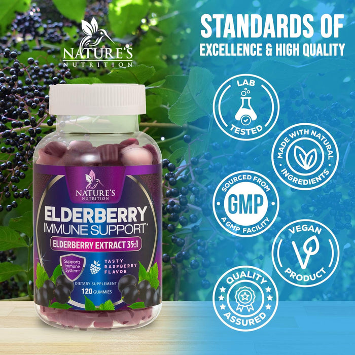 Elderberry Immune Support Gummies - Super Concentrated 35:1 Extract, Equivalent to 4200mg of Elderberries - Sambucus Black Elder Berry Vitamin Supplement, Daily Support for Kids & Adults - 120 Gummies