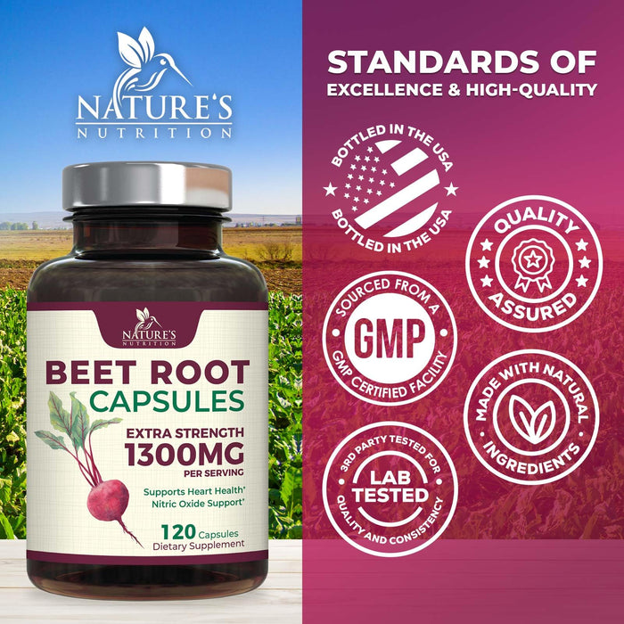 Beet Root Capsules 1300mg - Extra Strength Red Beetroot Powder Supplement – Supports Nitric Oxide Production, Heart Health & Natural Energy – Non-GMO, Vegan, Gluten Free – 120 Veggie Capsules