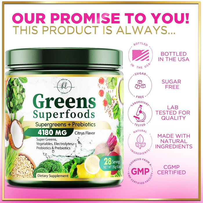 Greens Superfood Powder, Organic Spirulina & Chlorella Greens with Prebiotics & Probiotics, Gut Health & Bloating Support for Women, Green Drink Powder for Digestive & Energy Support - 28 Servings