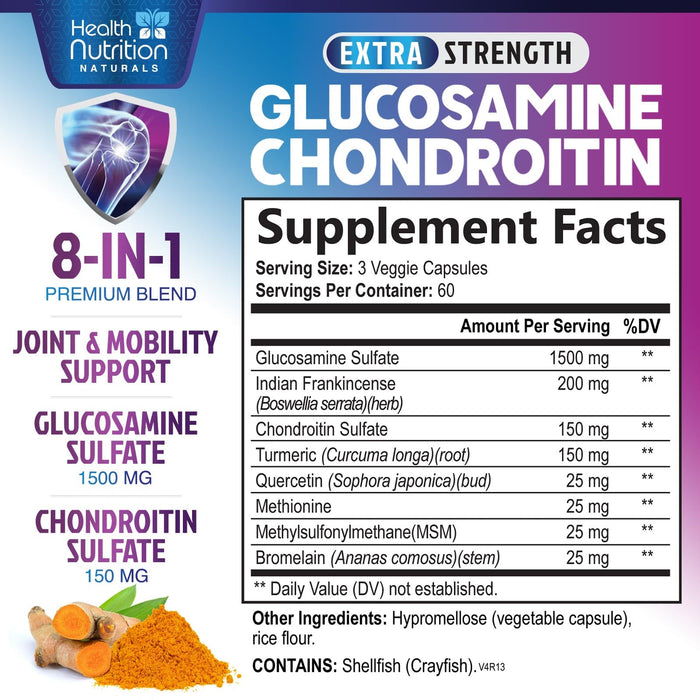 Glucosamine Chondroitin MSM 2100mg Complex - Joint Health Supplement with Turmeric & Boswellia - Quercetin for Cartilage, Flexibility & Mobility - Triple Strength Glucosamine Sulfate - 180 Capsules