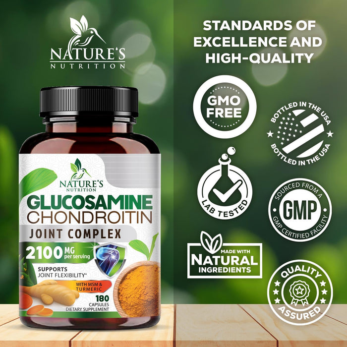 Glucosamine Chondroitin MSM 2100mg Complex - Joint Support Supplement for Joint Mobility & Comfort For Men and Women with Turmeric & Boswellia, Triple Strength Glucosamine Supplements - 180 Capsules